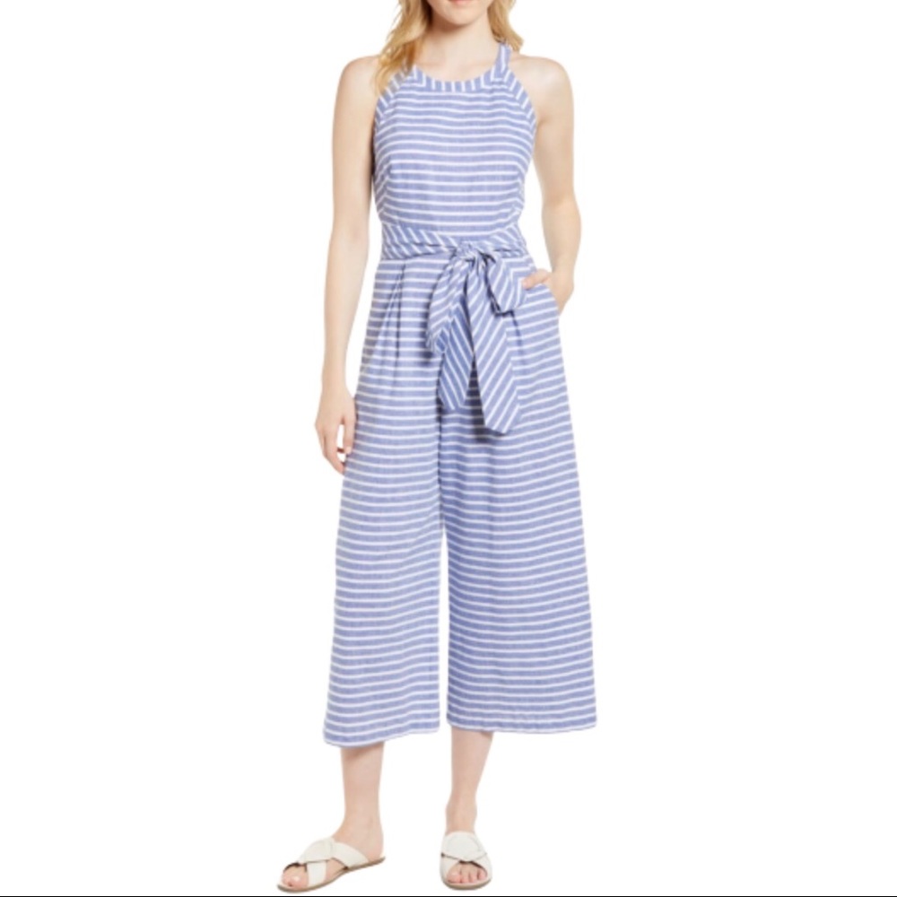 1901 Blue White Nautical Striped Halter Wide Leg Jumpsuit 18 NWT